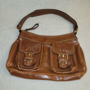 Mondani New York Brown Leather Shoulder Bag Buckle Pockets Striped Lining Y2K